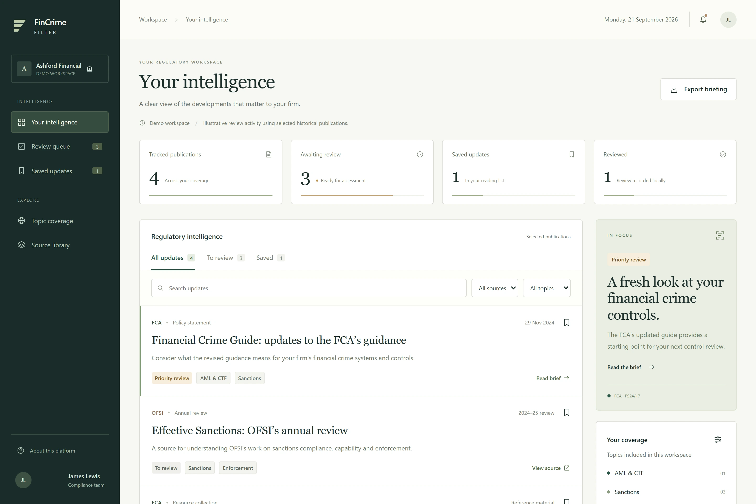 Illustrative dashboard with tracked publications, a review queue, source and topic filters, and a financial-crime update linked to its original source.